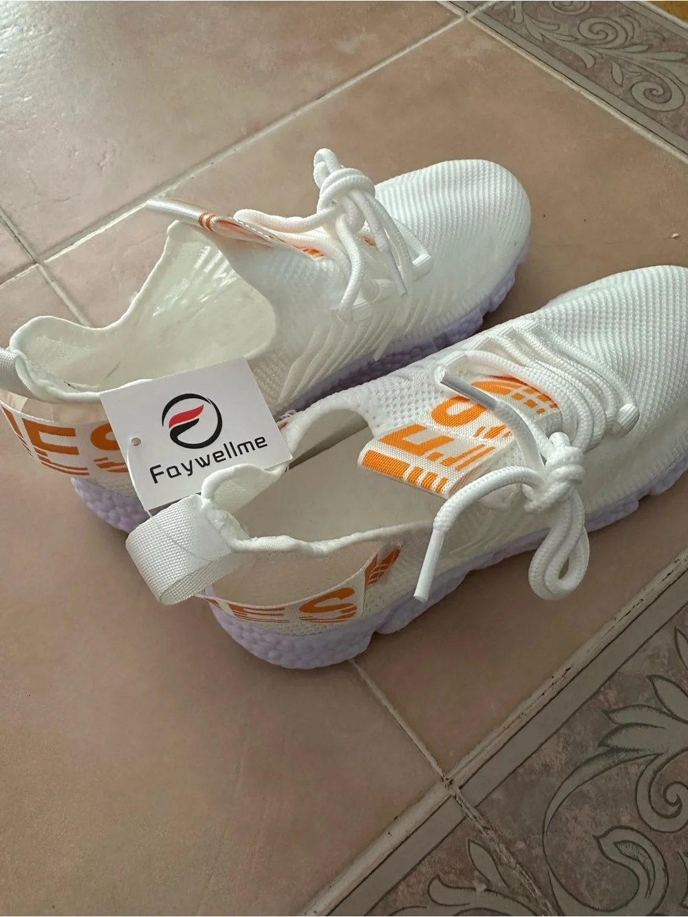 Faywellme White Knit Sneakers with Orange Text Accents
